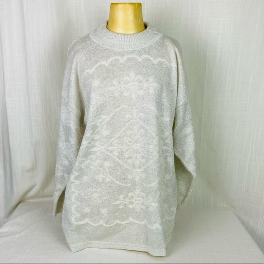 Vintage Glamour Knit Silver Metallic Sweater White USA Women's XXL* NEW NWOT